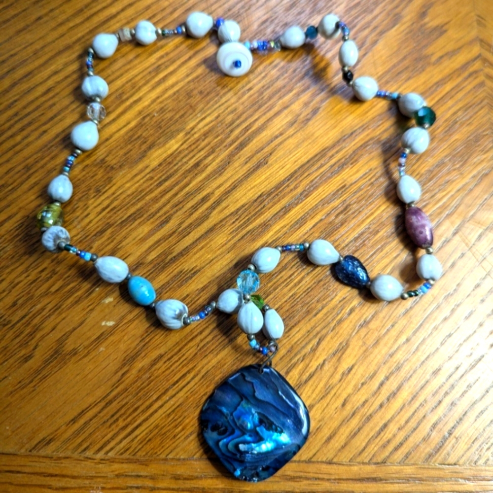 Handcrafted Beaded Glass Abalone Shell Necklace